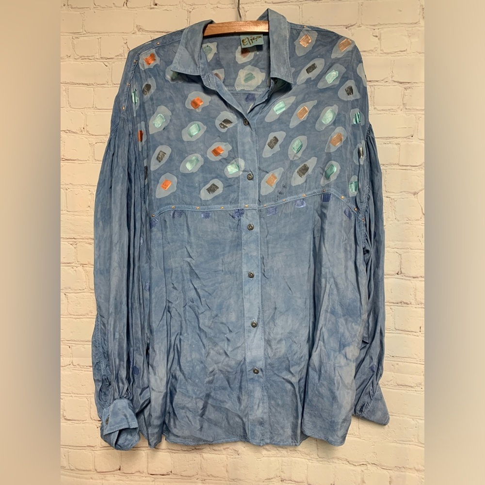 RARE Elisa Artsy Lagenlook Blue Silk Top Size L 48”